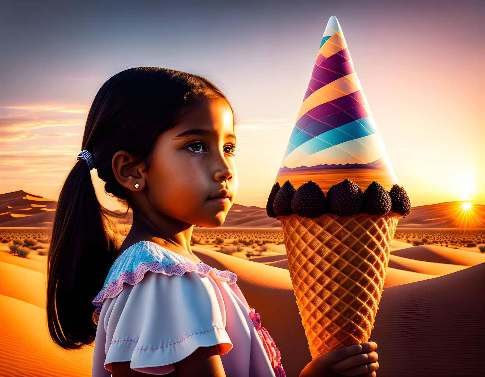 Young girl with colorful ice cream cone in desert sunset