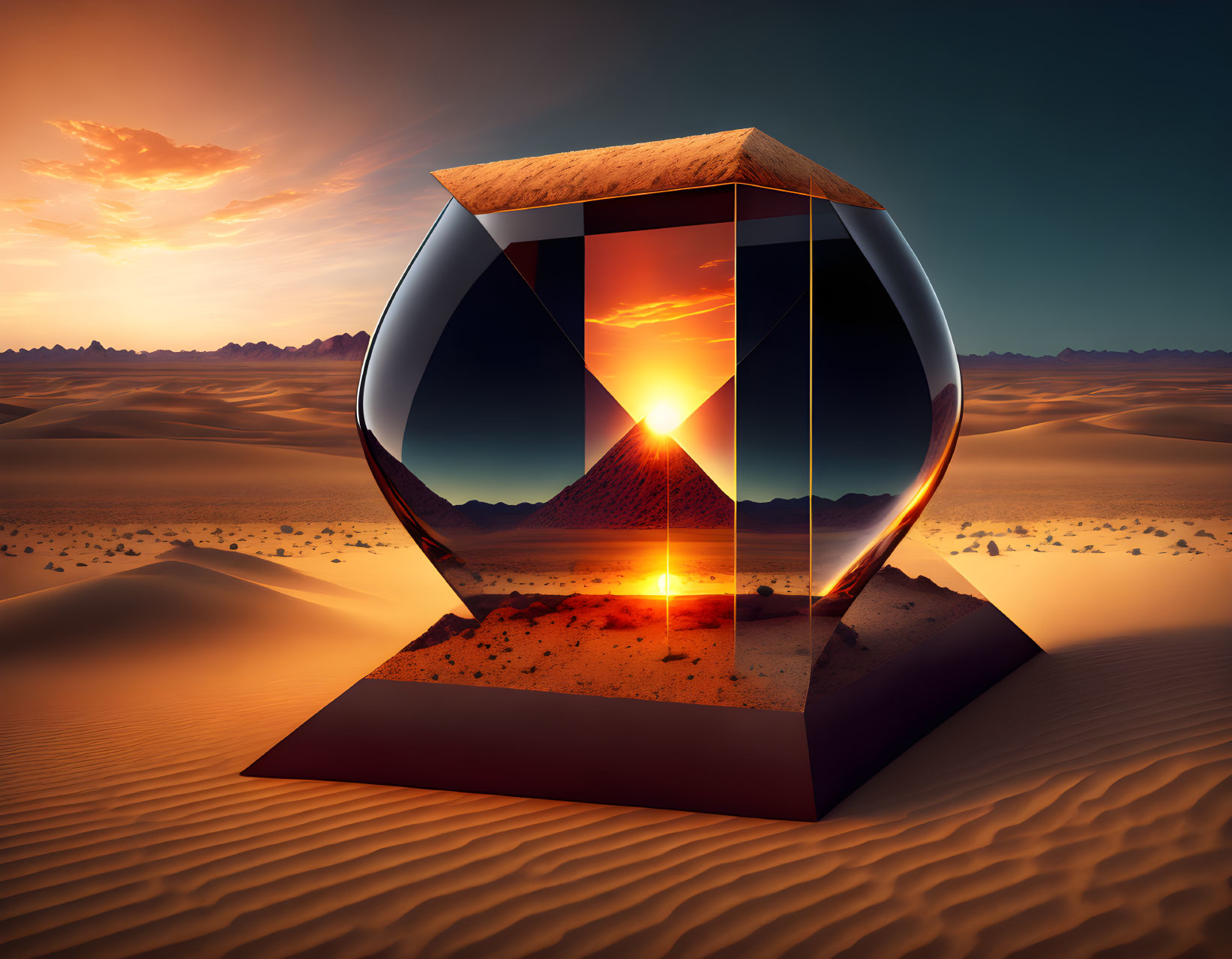 Glass cube refracts desert sunrise into pyramid illusion on sand dune under orange sky