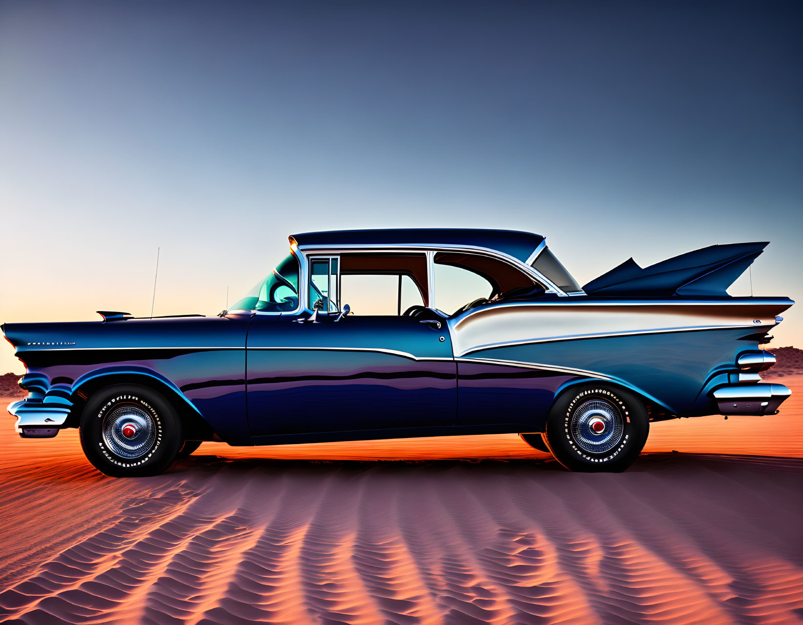 Classic Blue Car with Tailfins in Desert Sunset