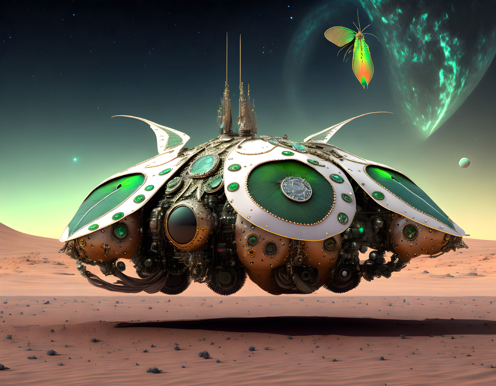 Futuristic beetle-like structure in desert landscape with planets and luminescent butterfly