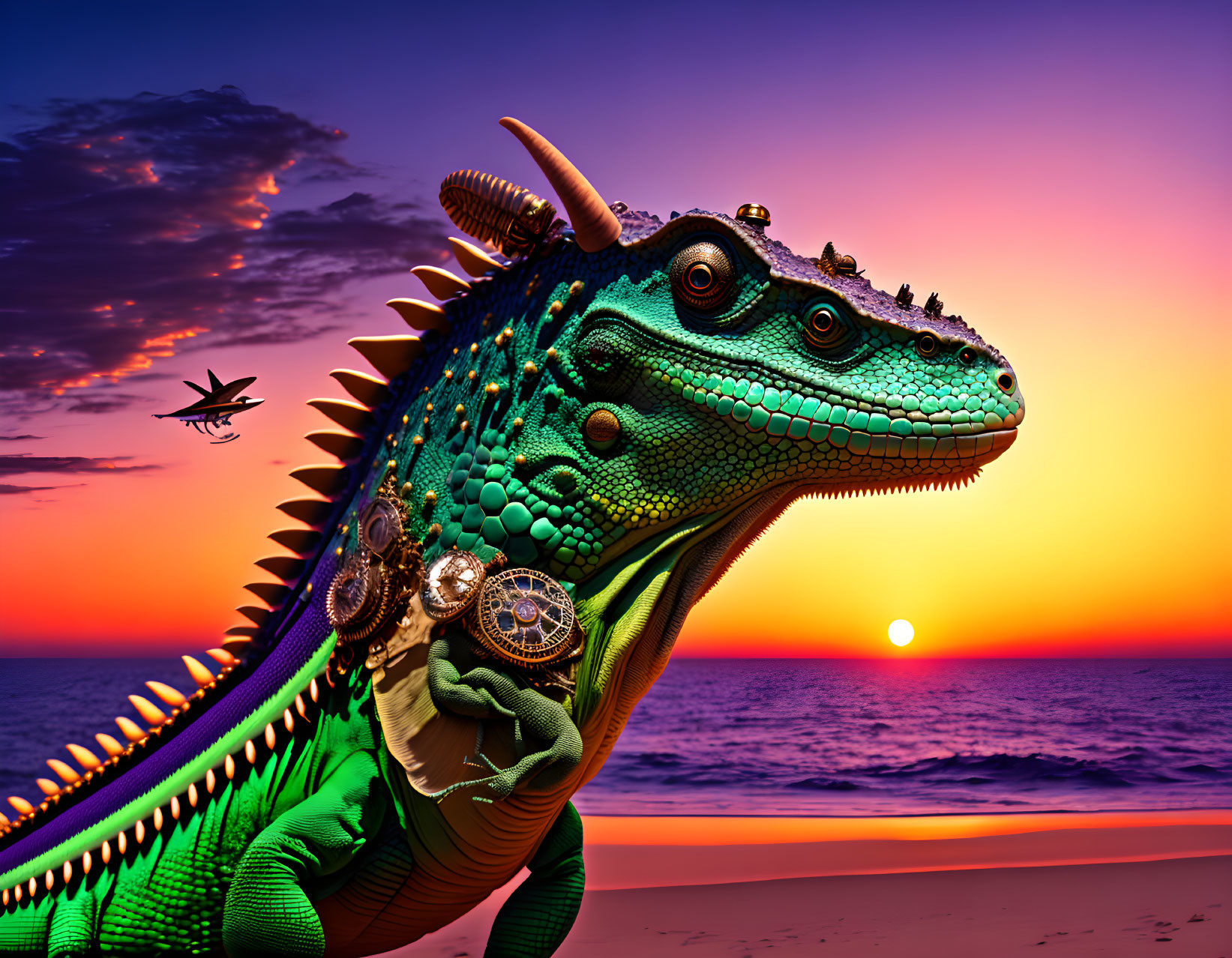 Vibrant Bejeweled Iguana Against Sunset Sky