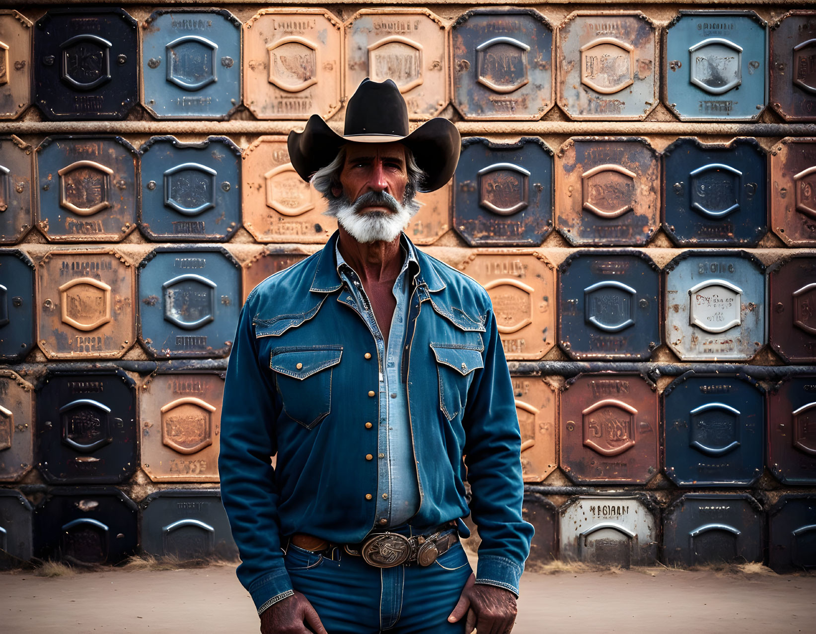 Man with mustache in cowboy hat and denim shirt by wall of license plates