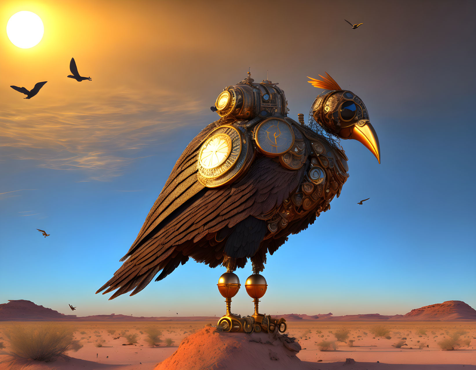 Steampunk mechanical bird with clock elements in desert sunset.