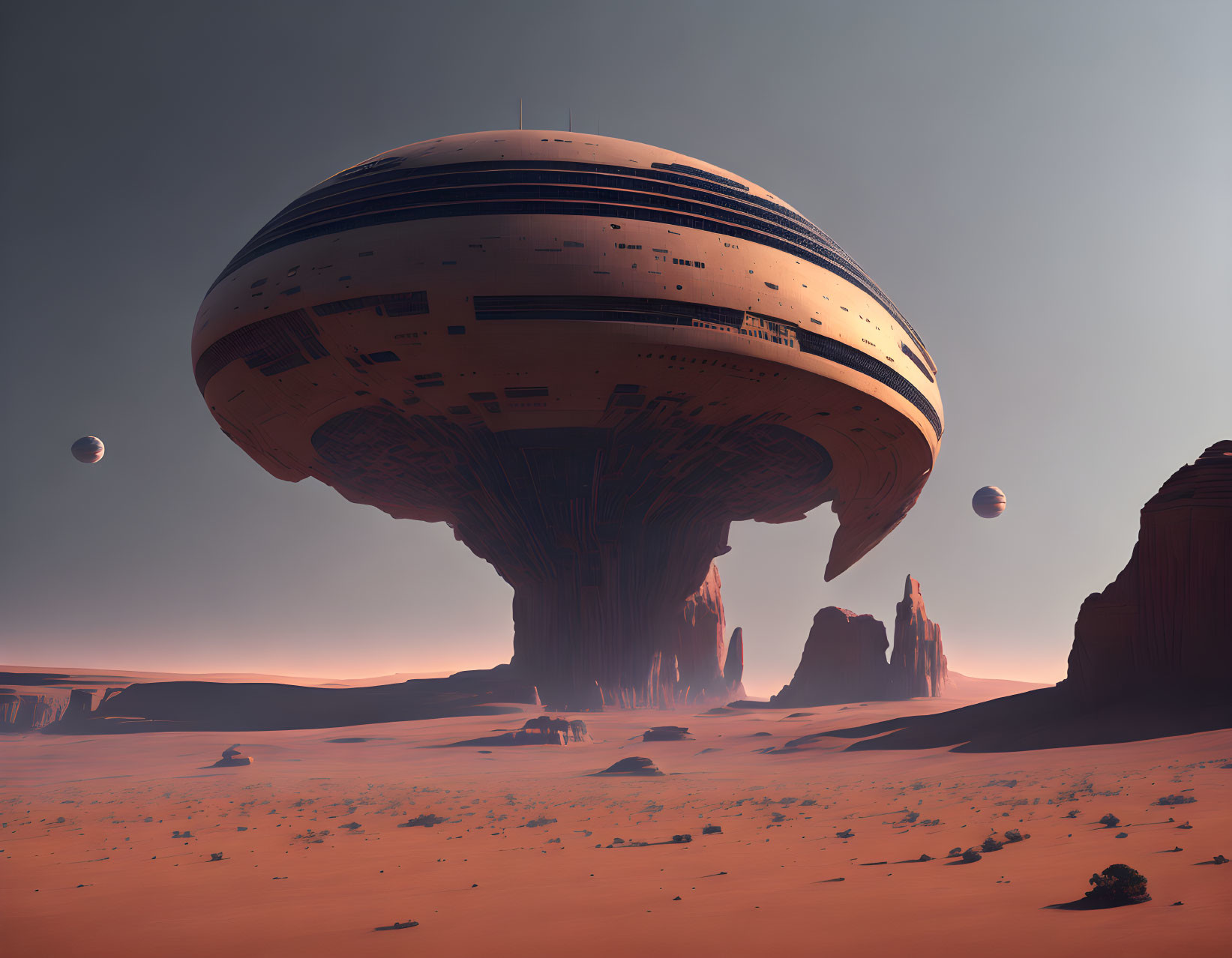 Giant spaceship over desert with rock formations & planets in sky