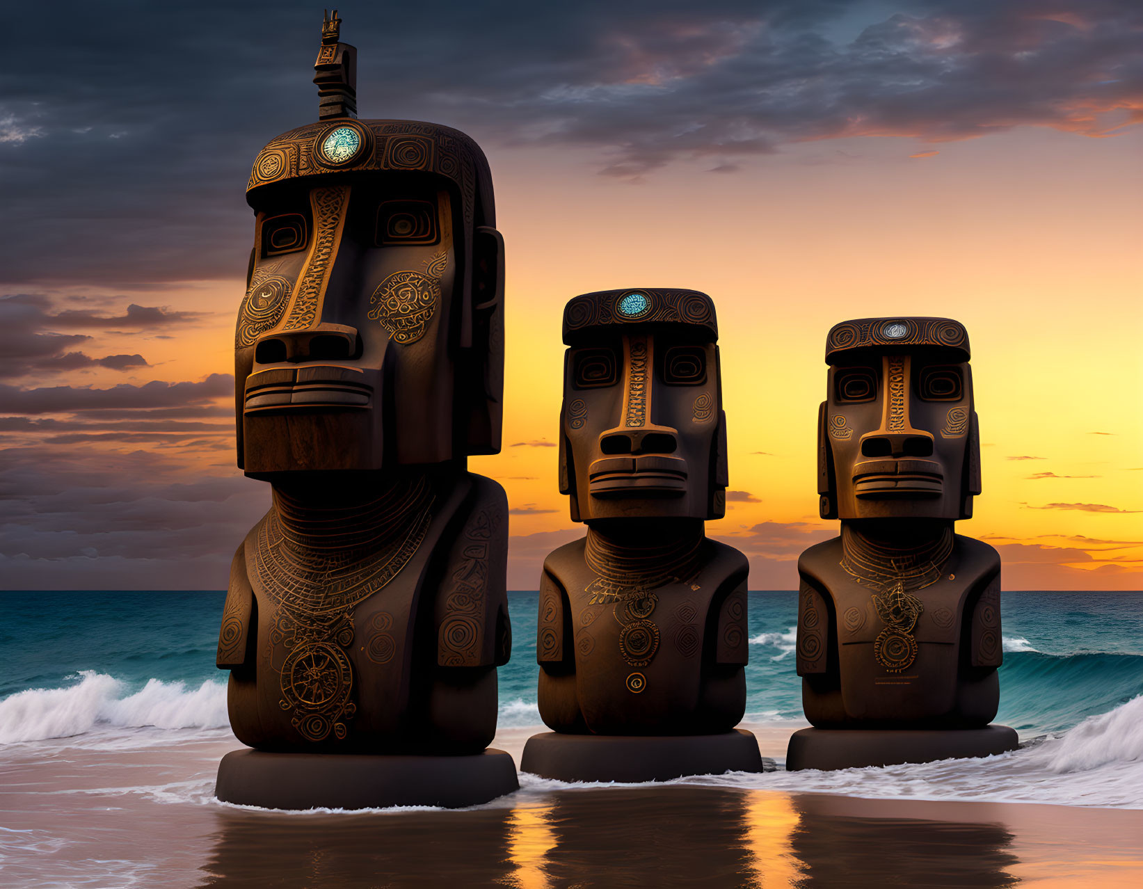 Intricately Carved Moai Statues Facing Ocean Sunset