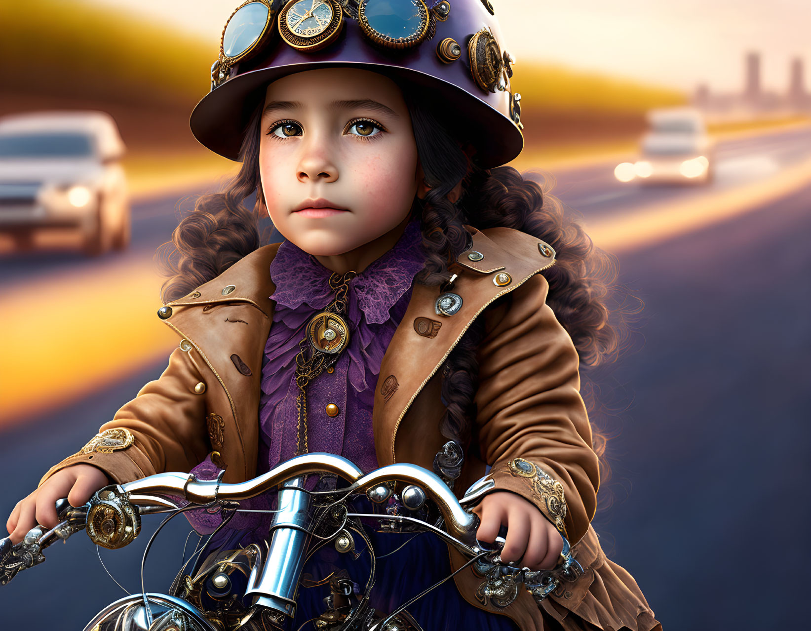 Young girl in steampunk outfit rides bicycle at sunset