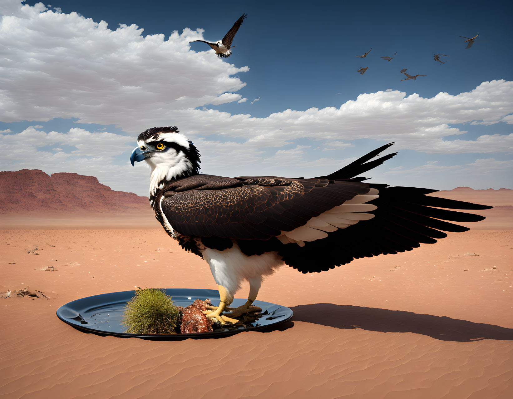 Giant osprey in desert oasis with flying birds and red sand dunes