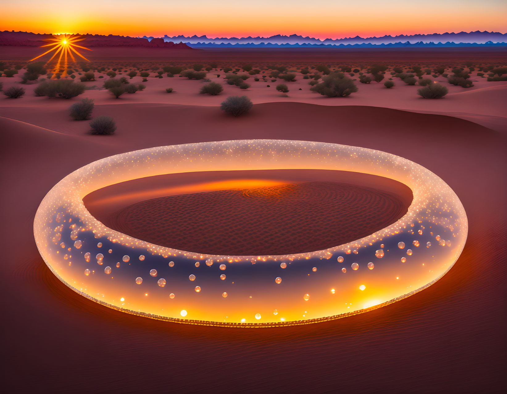 Luminous ring with sparkling lights above desert sunset sky