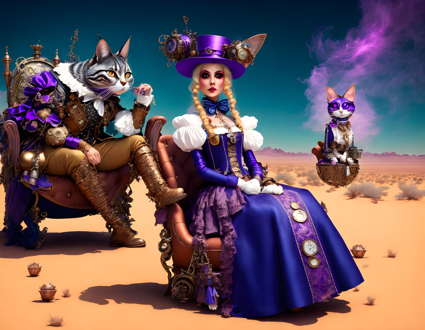 Anthropomorphic cats in steampunk attire in desert setting with throne and purple smoke swirl