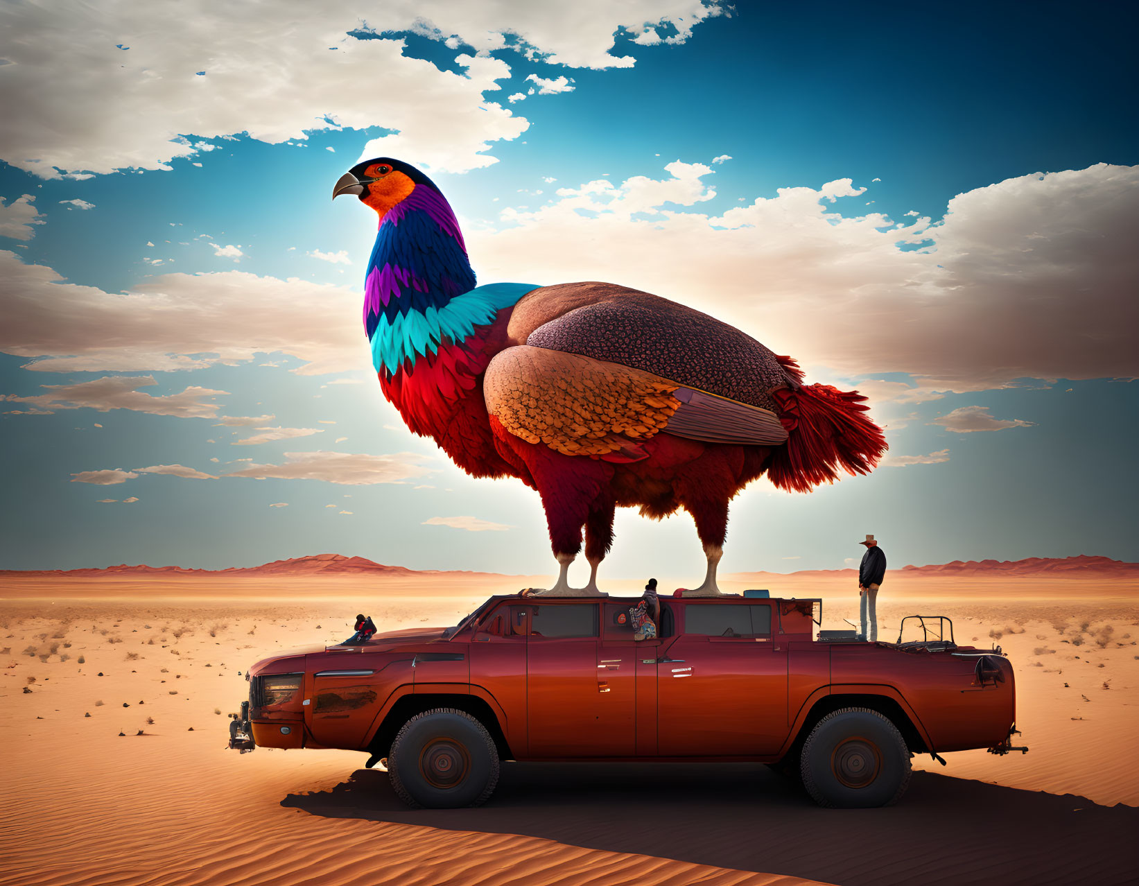 Colorful bird on orange van in desert with two people observing