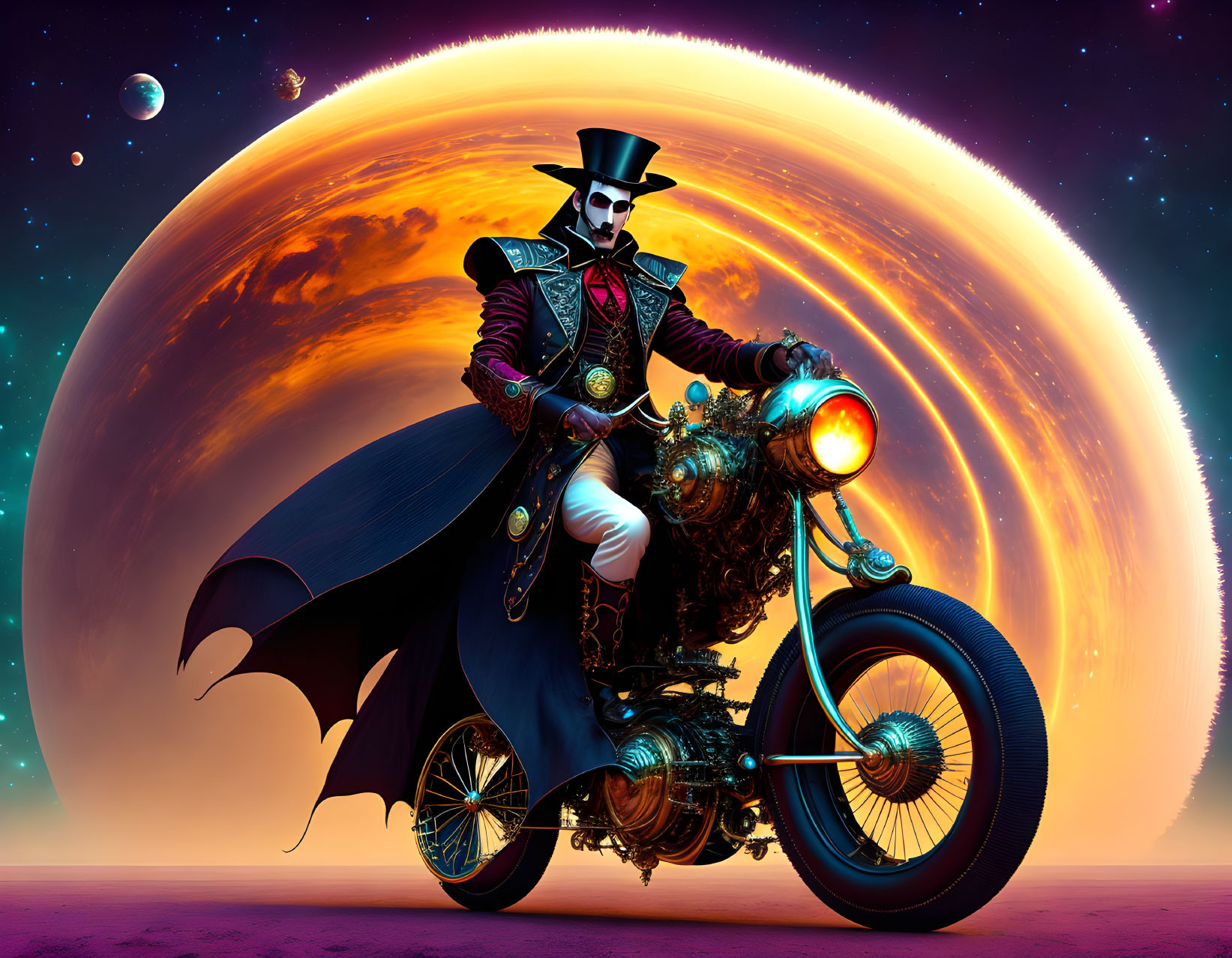 Skeletal figure in top hat and Victorian attire on motorcycle in cosmic scene