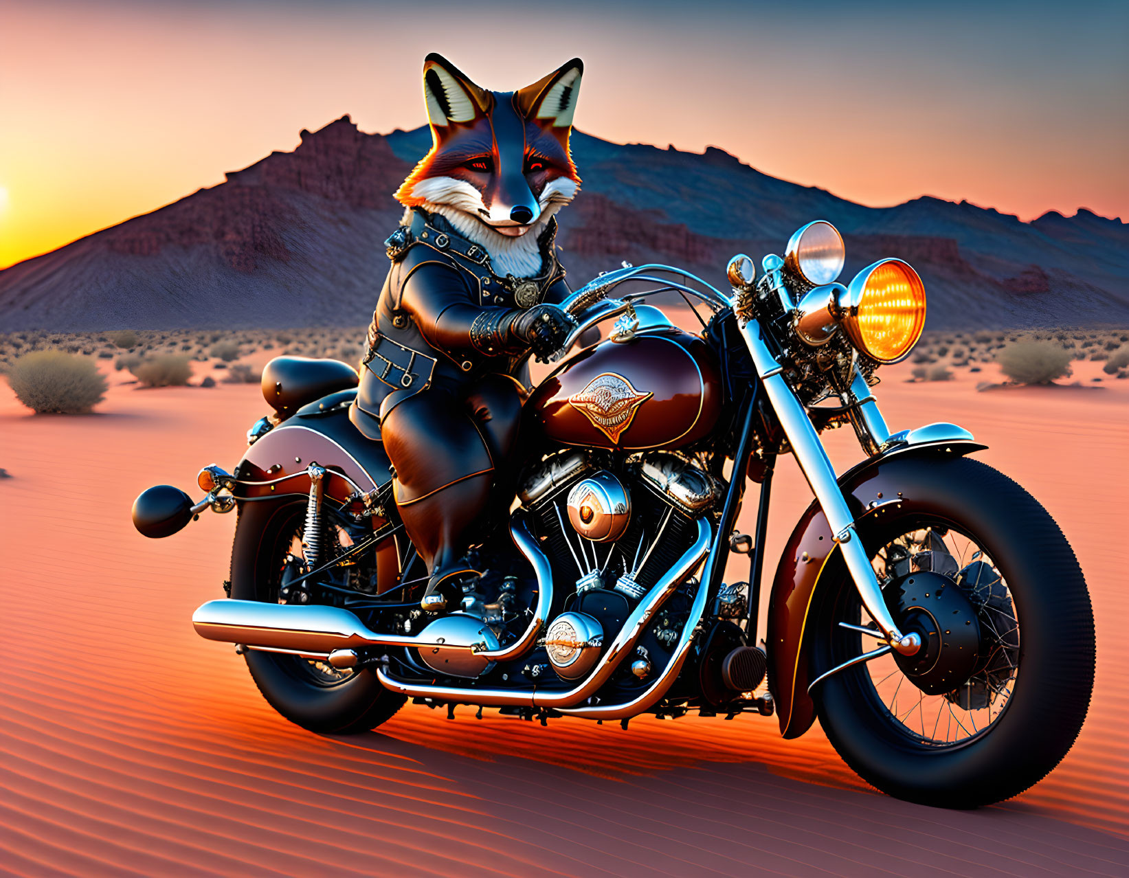 Anthropomorphic fox in biker attire on classic motorcycle in desert dusk