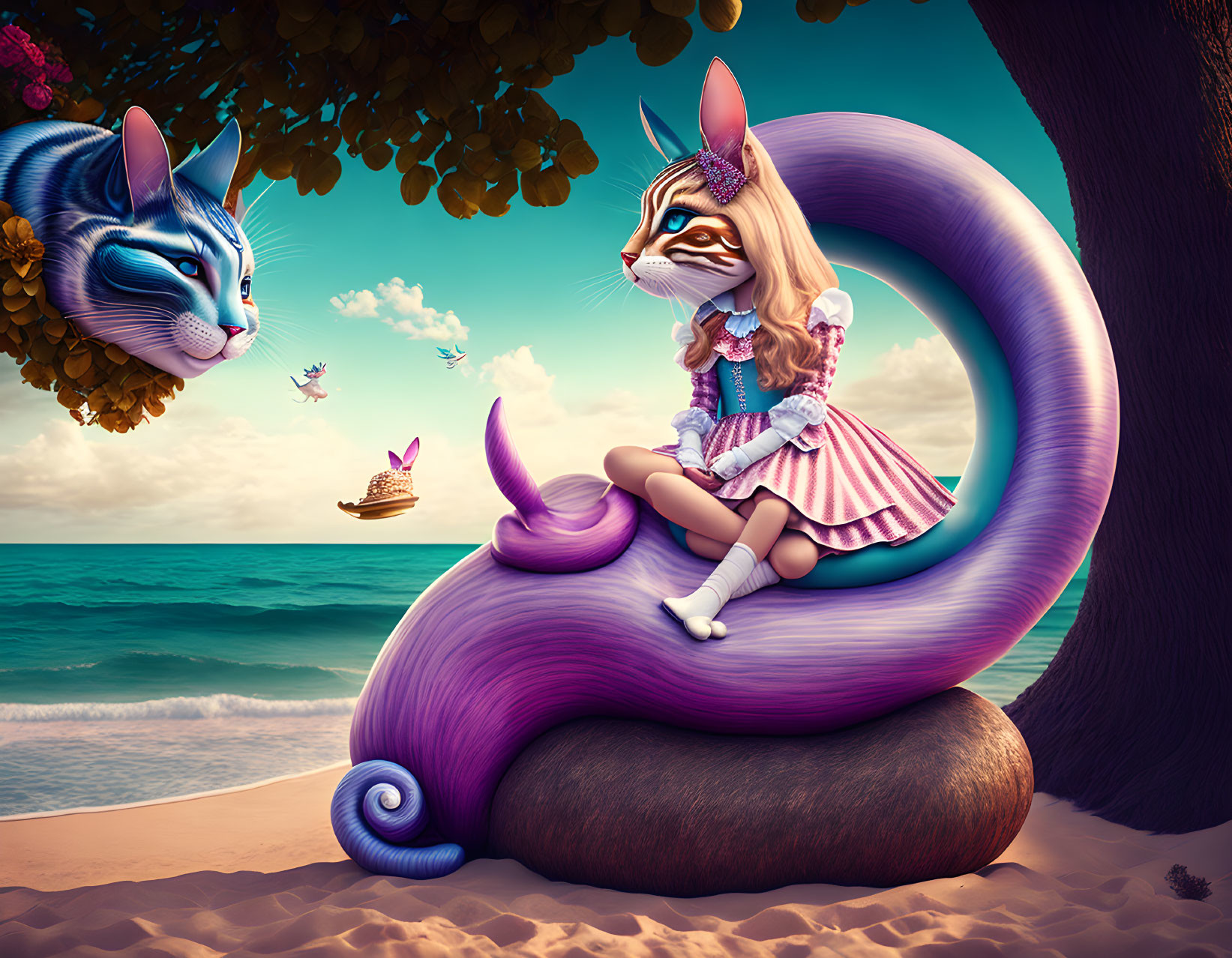 Anthropomorphic cat characters in vibrant beach scene