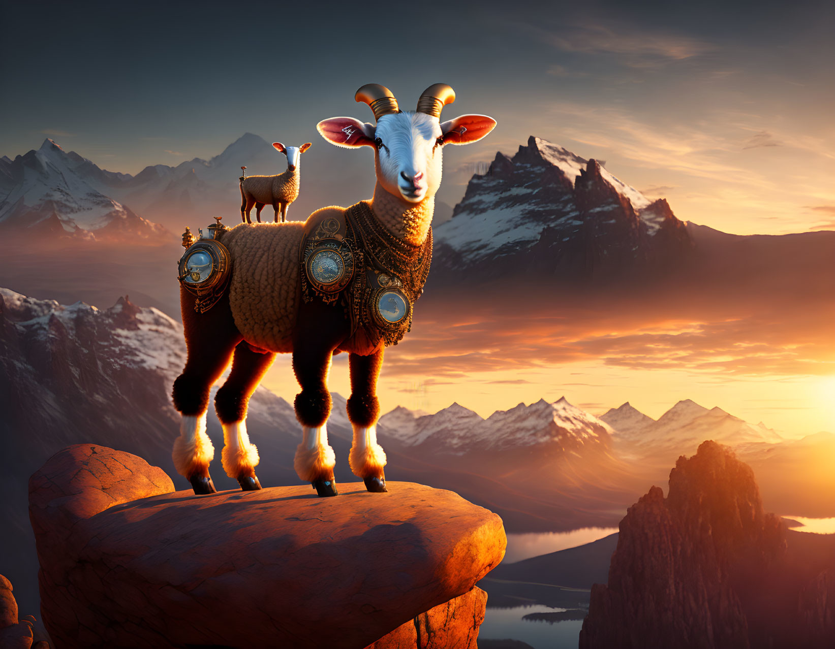 Mechanical sheep and bird on rocky outcrop at sunset