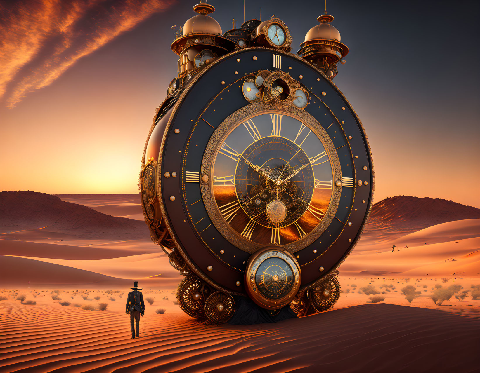 Giant steampunk clock in desert with dramatic sky and person on sand dunes