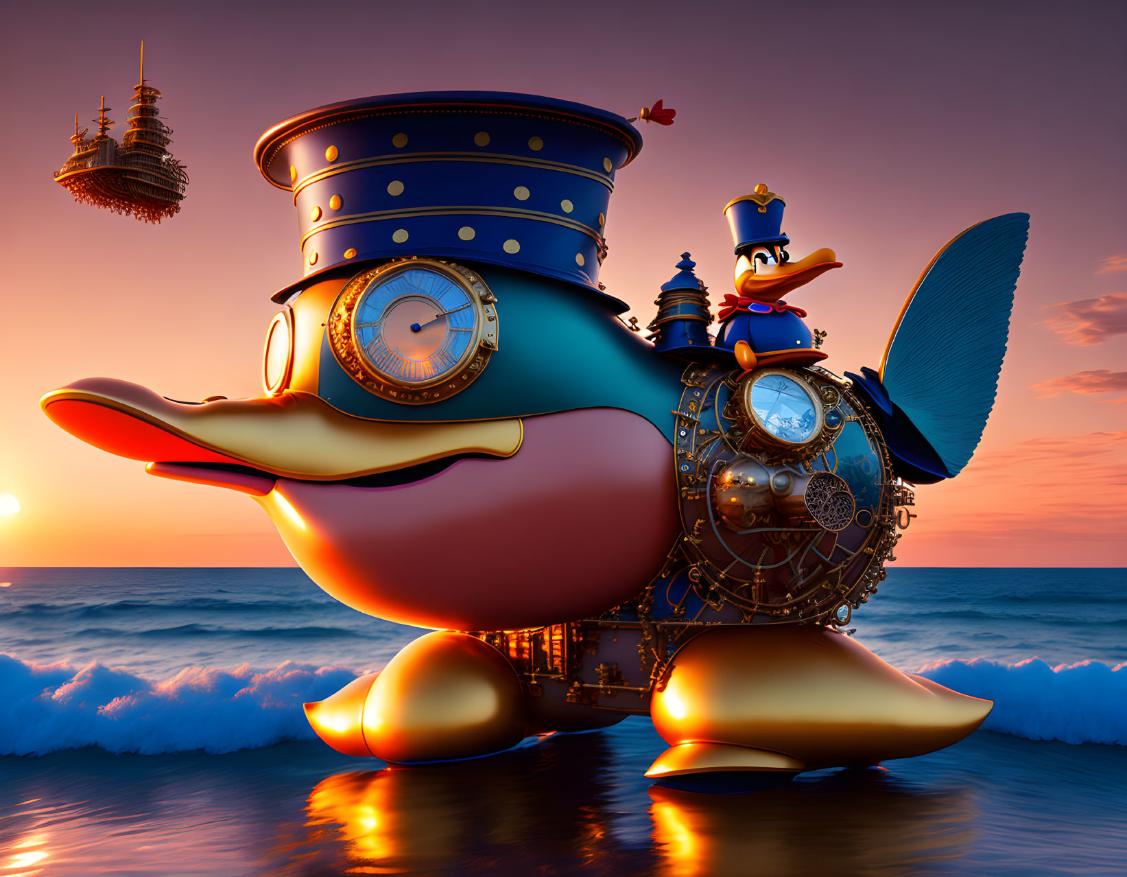 Duck-shaped steampunk submarine on beach at sunset with character and flying ship.