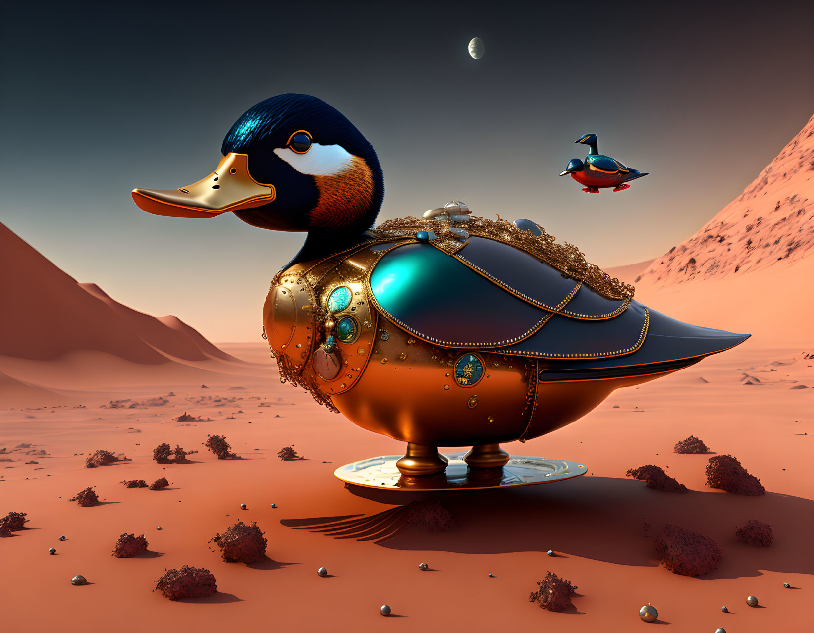 Mechanical duck art in surreal desert setting with moon and flying machine