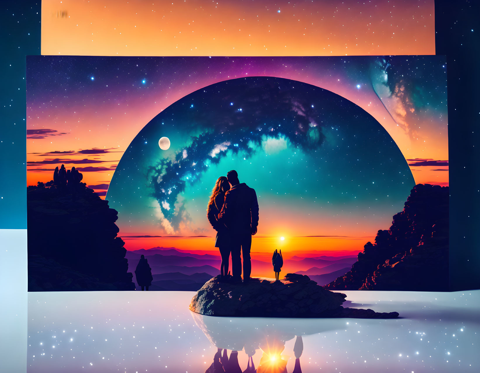 Couple admires sunset on rock with cosmic sky and dog.