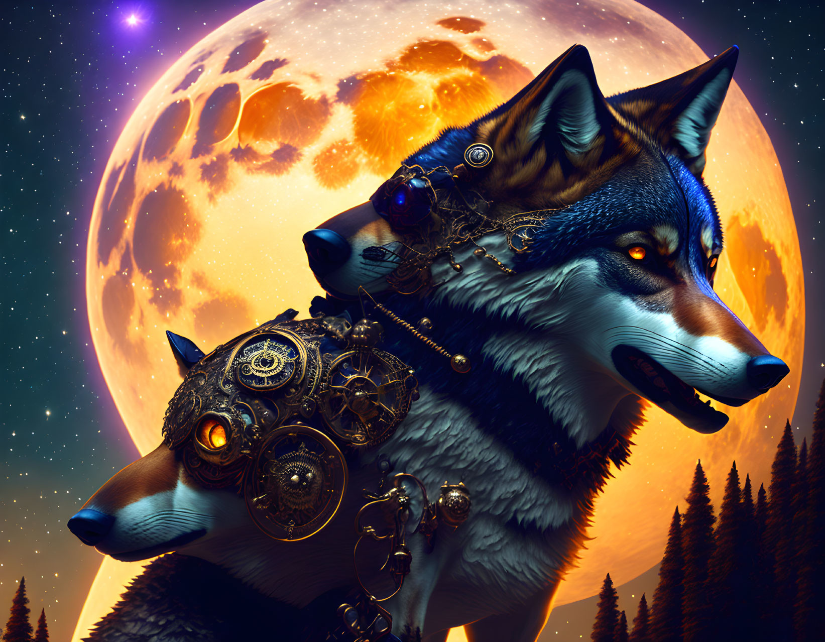 Steampunk wolves digital artwork with starry night sky