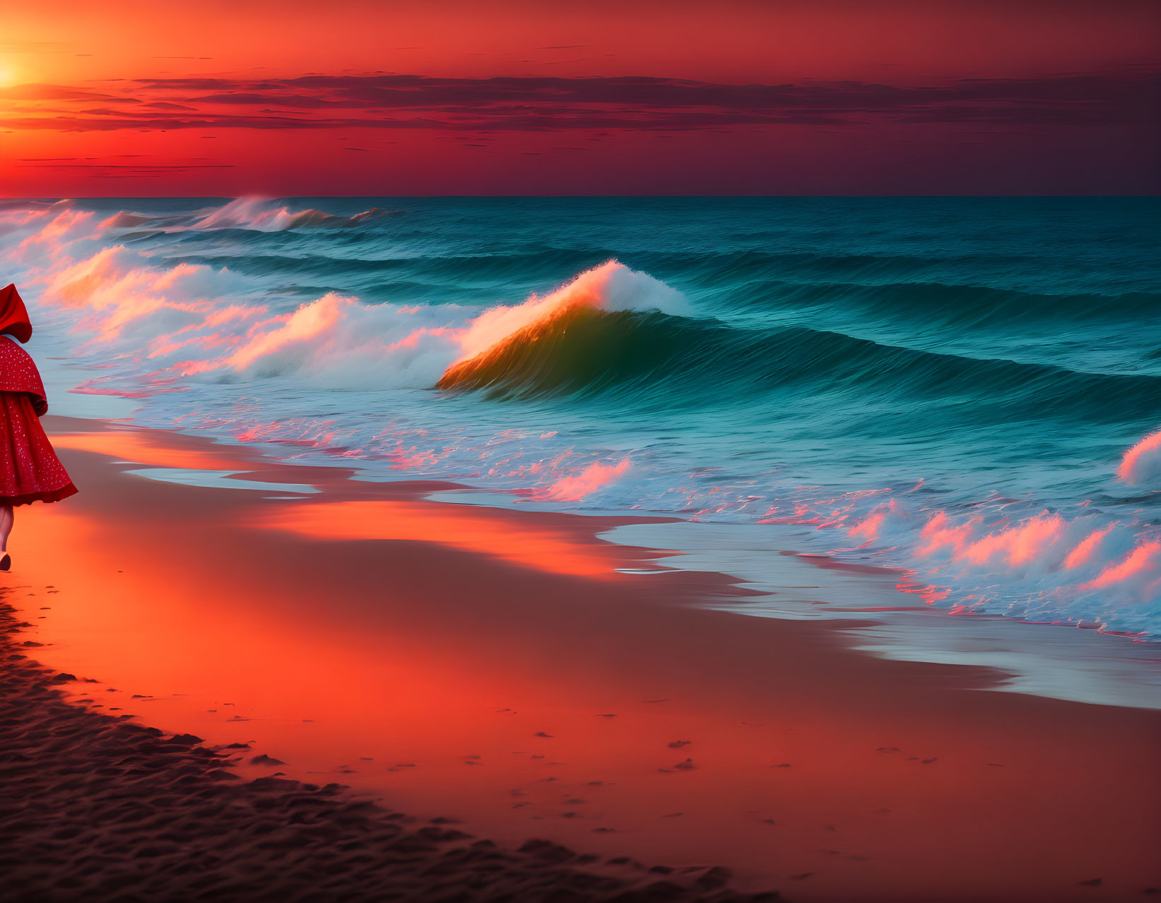 Vivid Orange and Blue Sunset Beach Scene with Person in Red Outfit