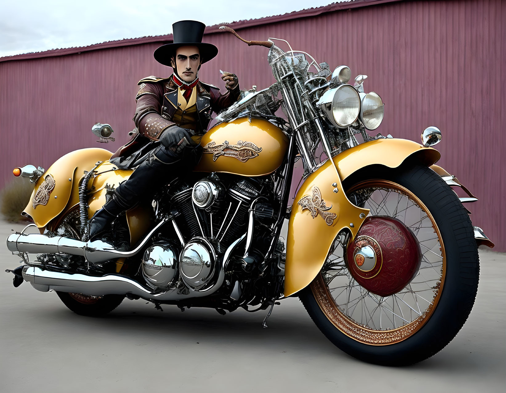 Stylized character on ornate motorcycle with top hat, yellow and chrome details, red building