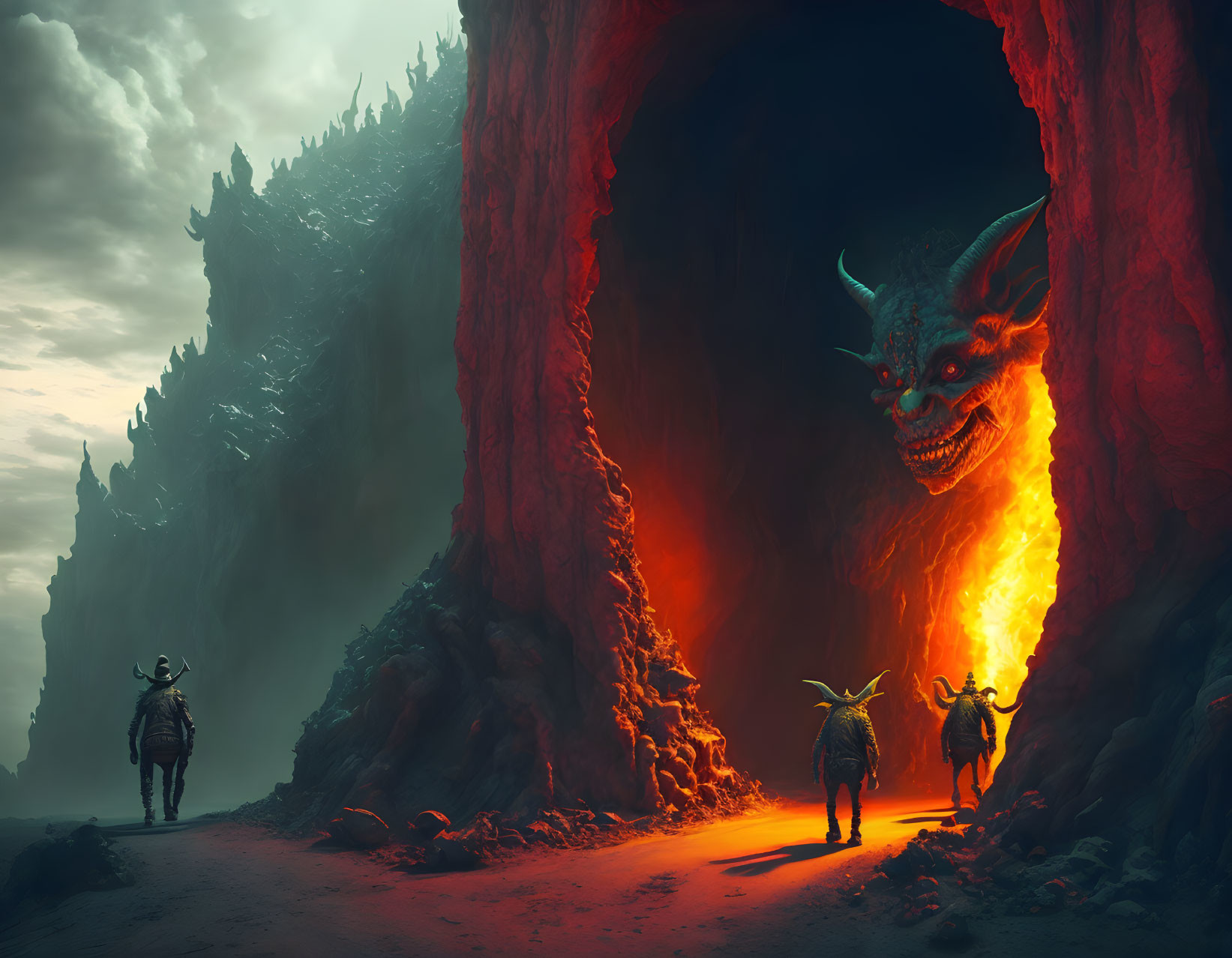 Armored warriors face giant dragon in fiery cavern