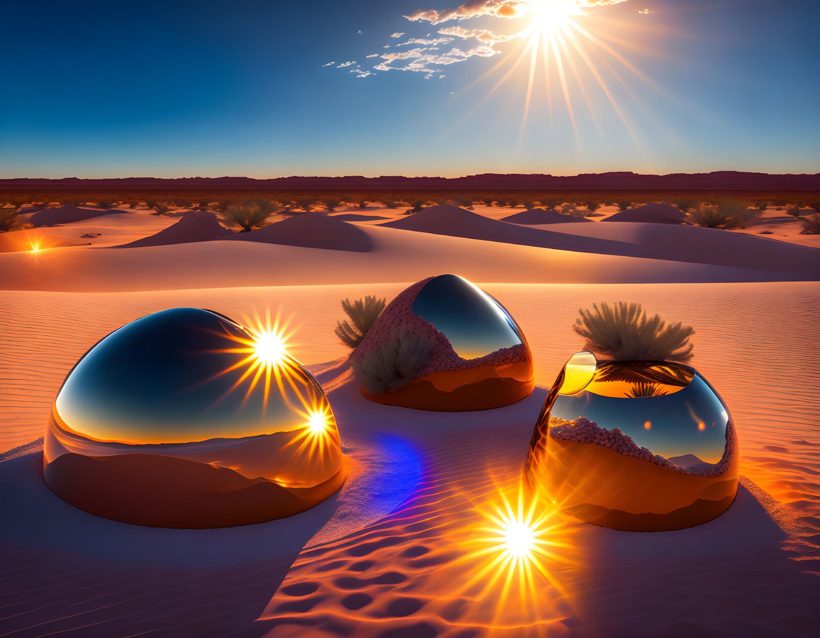 Shiny Reflective Spheres in Desert Sand Dunes