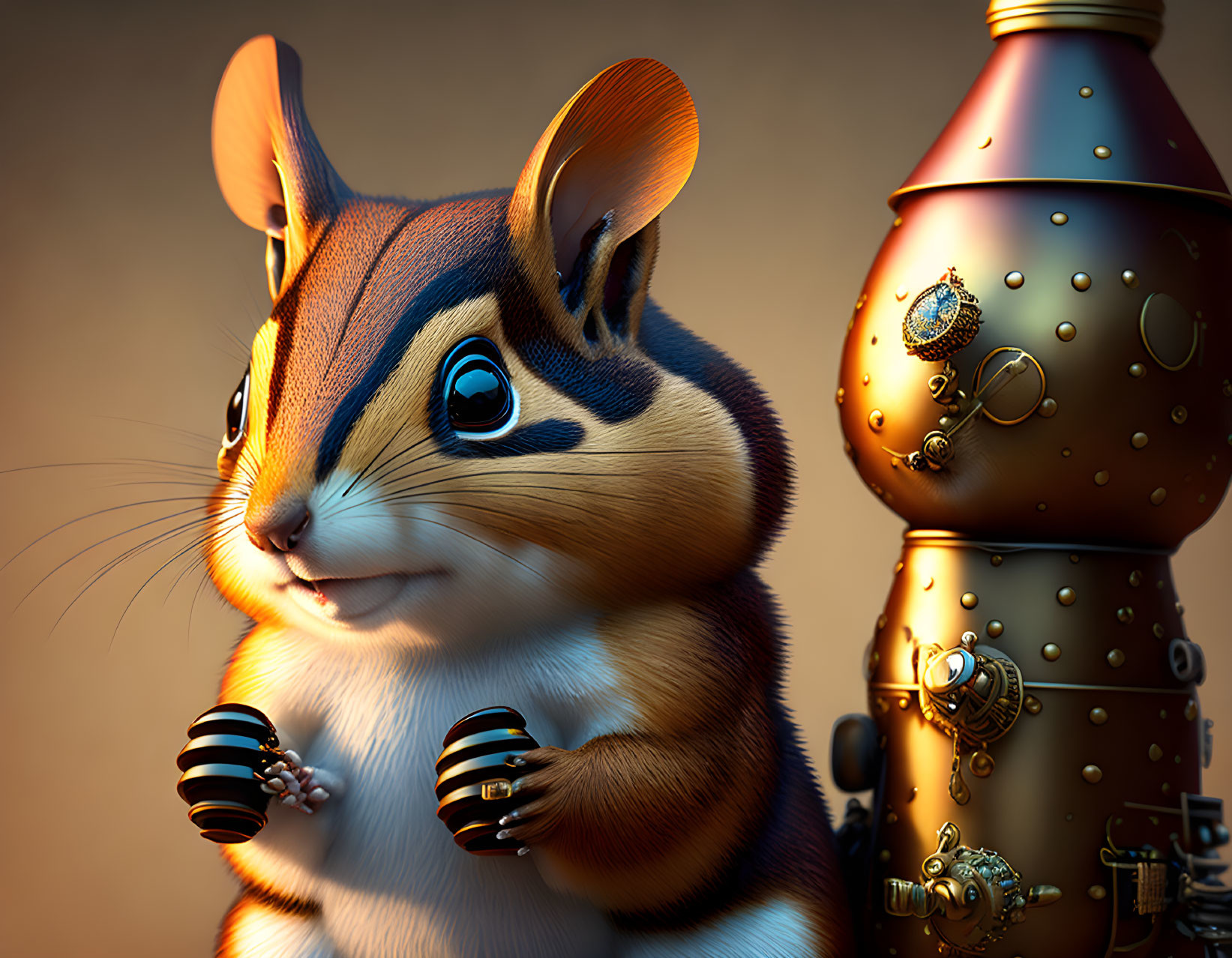 Detailed whimsical chipmunk illustration with blue eyes and steampunk rocket