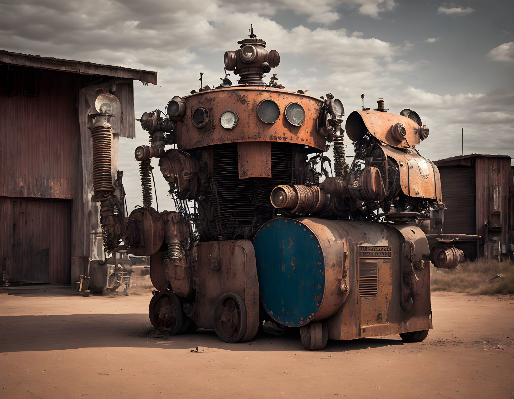 Rusty steampunk robot with gears and pipes in desolate landscape