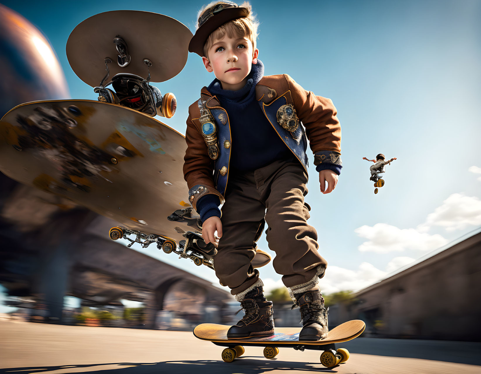 Boy skateboarding with levitating toy robot in vibrant outdoor scene