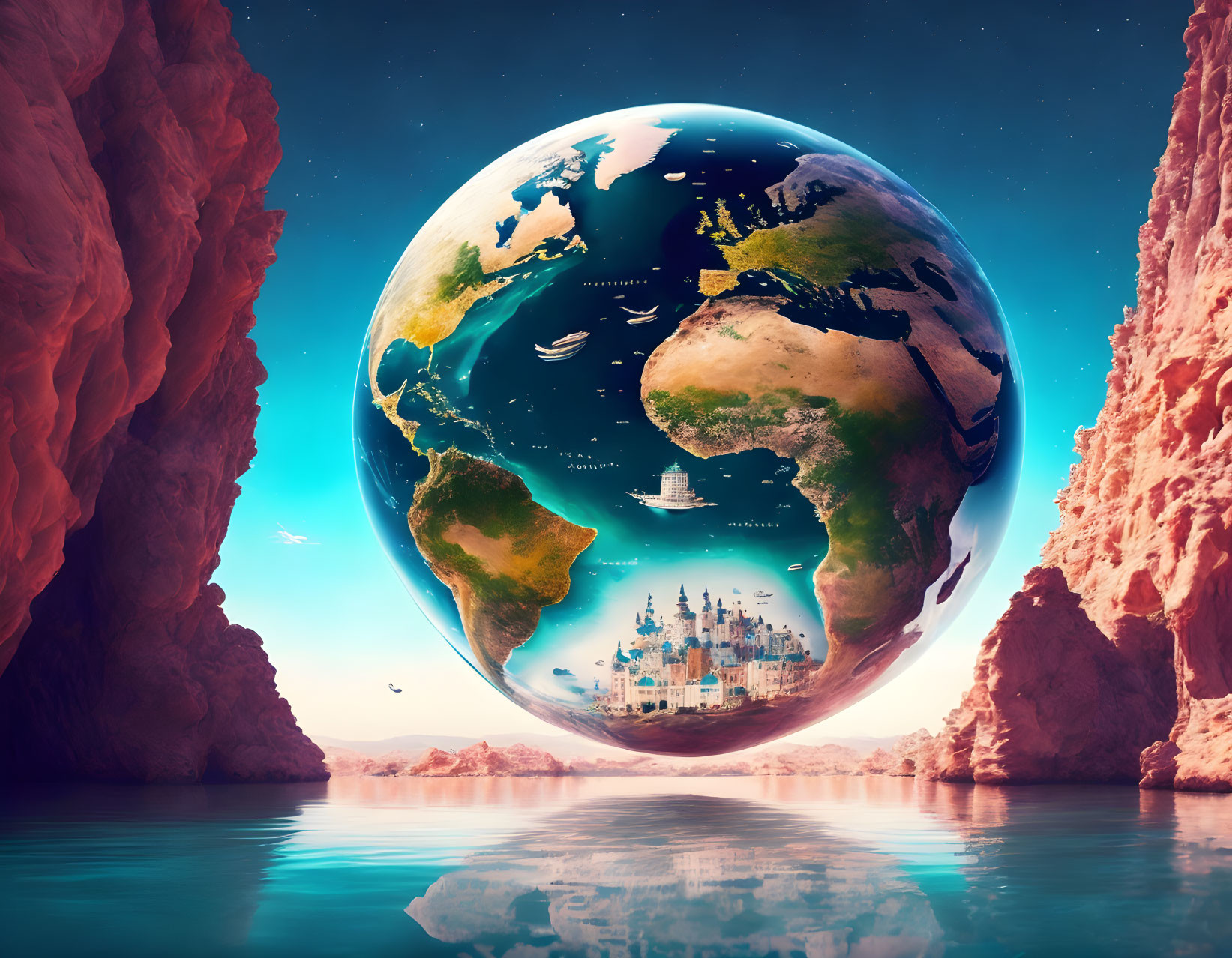 Surreal image of Earth globe over tranquil waters and rocky cliffs