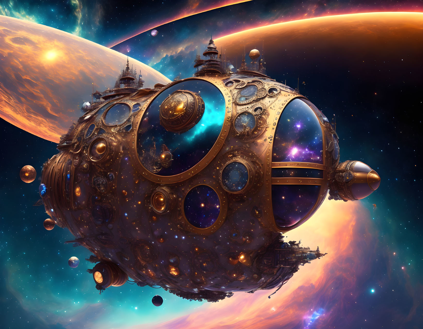 Intricate spherical spaceship in space with vibrant planets and nebula