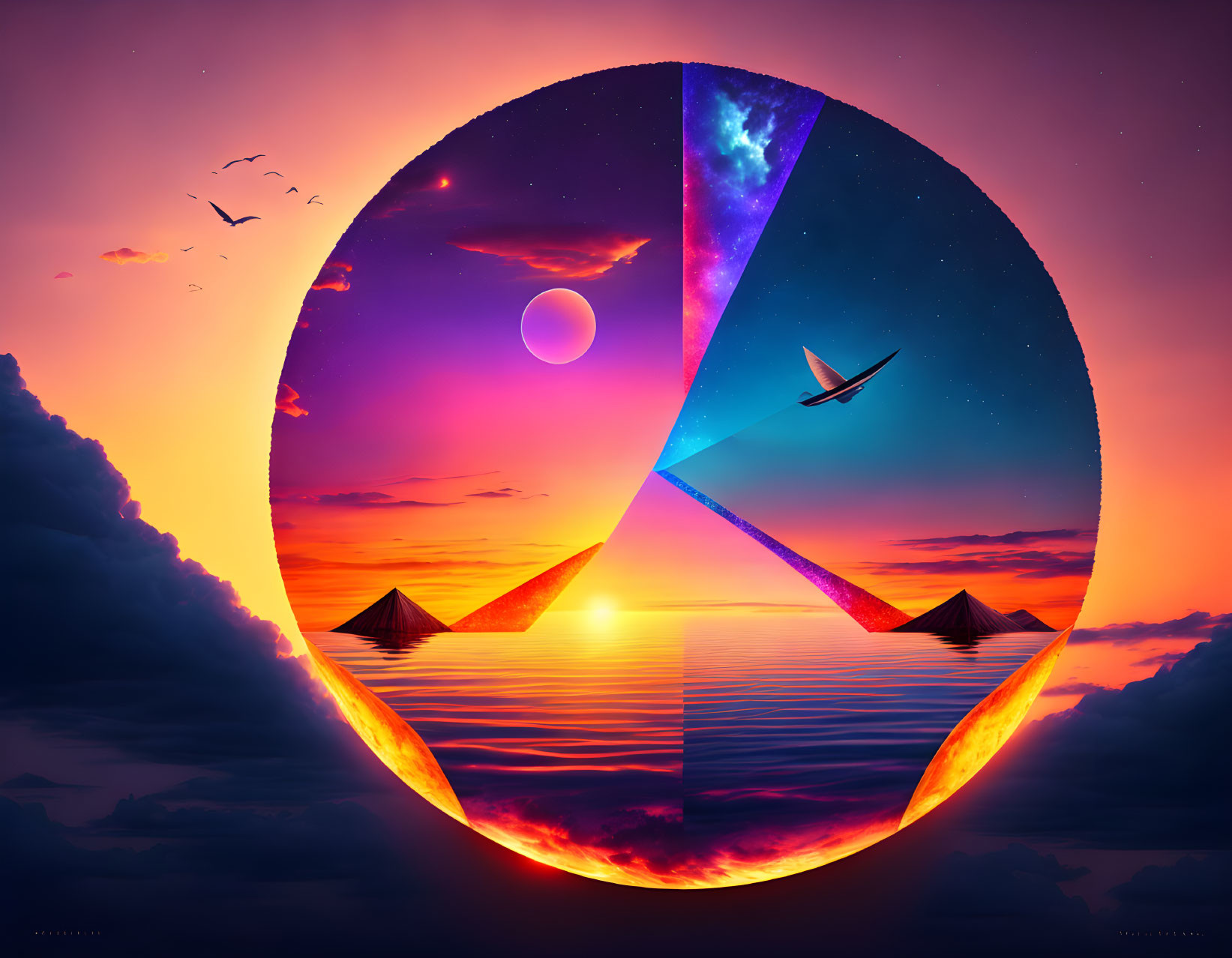 Vibrant nature scenes in surreal circle quadrants