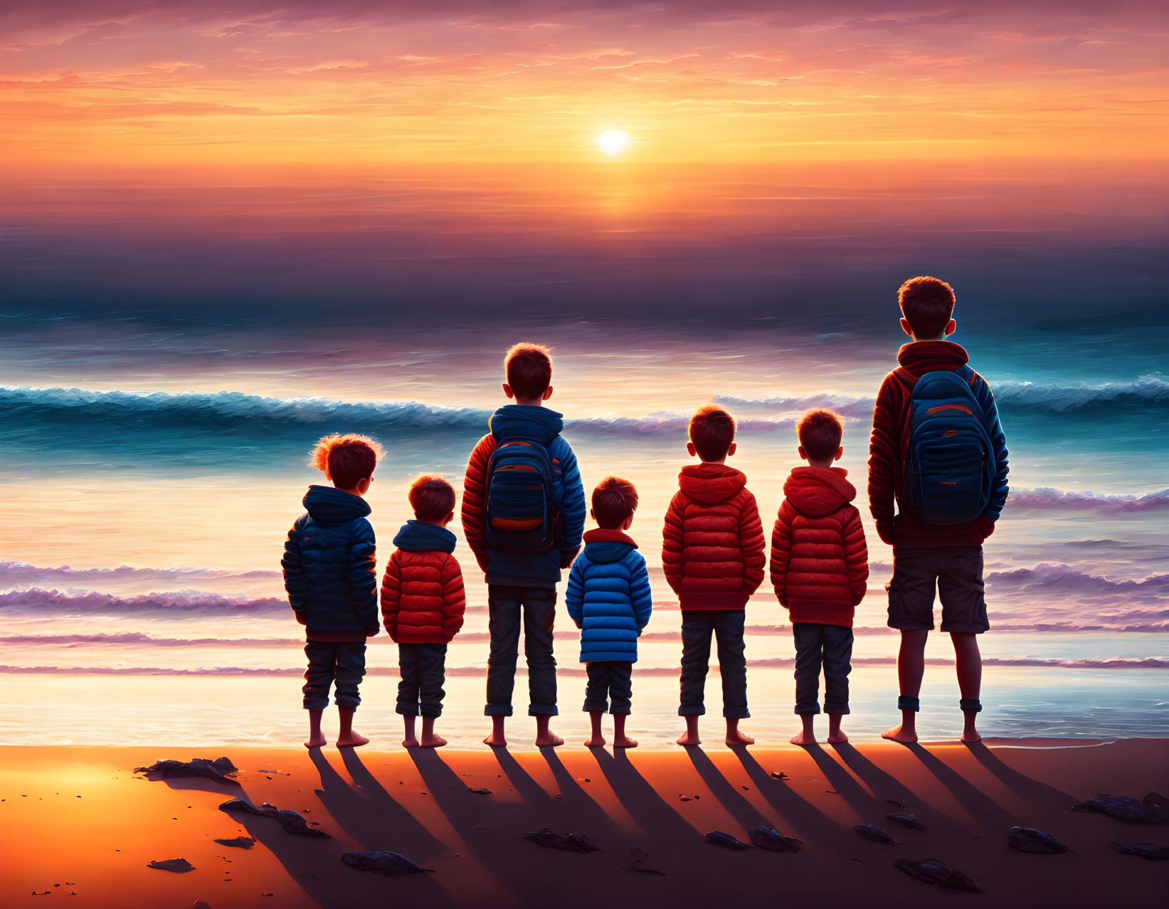 Seven children on beach at sunset with vibrant sky