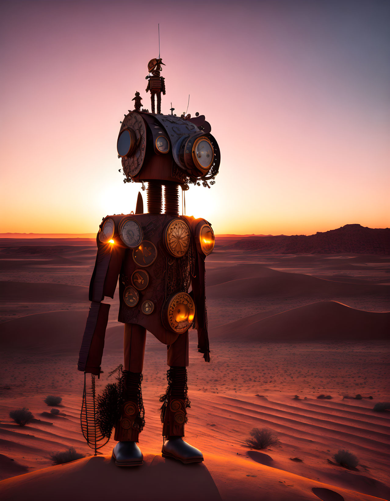 Steampunk robot with gears and clocks in desert sunset.