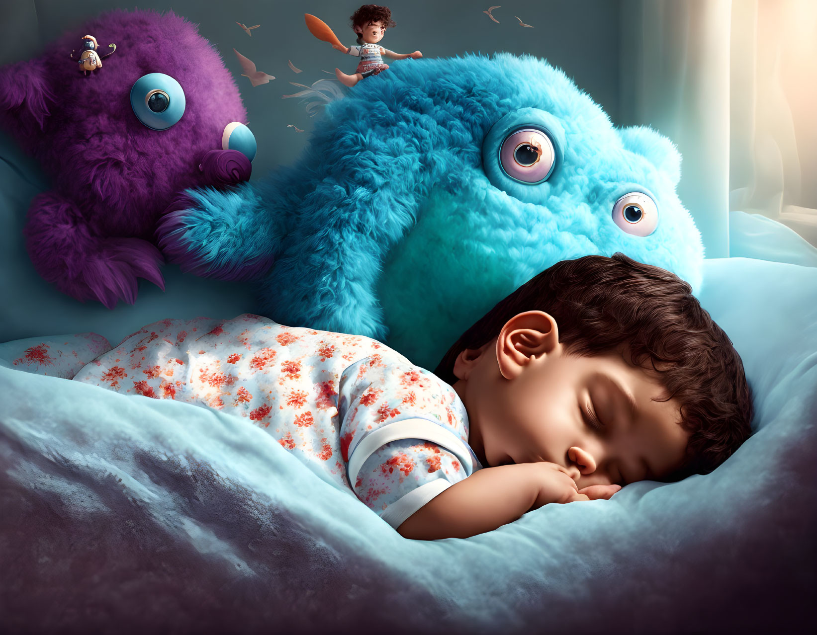 Child Sleeping Surrounded by Colorful Creatures