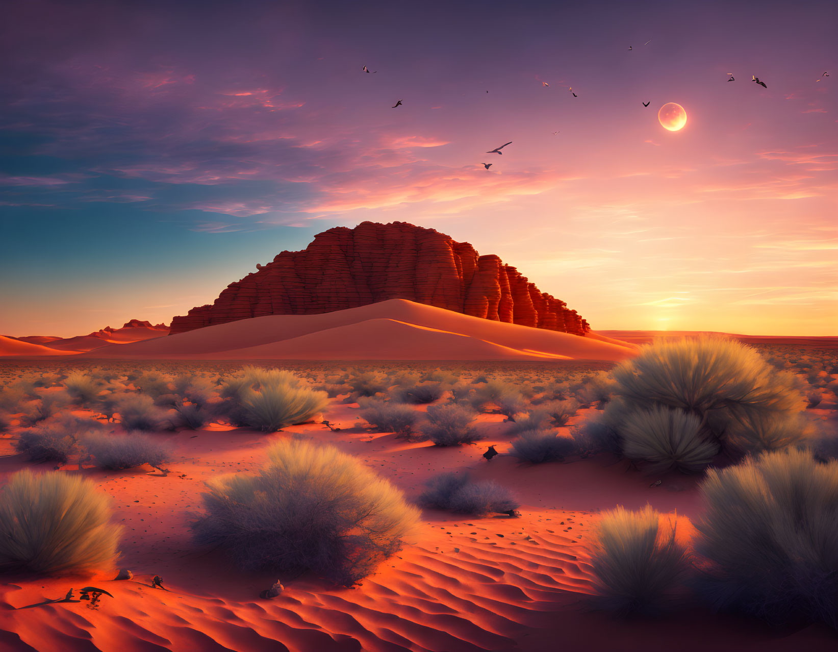 Vibrant orange sunset over desert rock formation, sand dunes, grass, birds