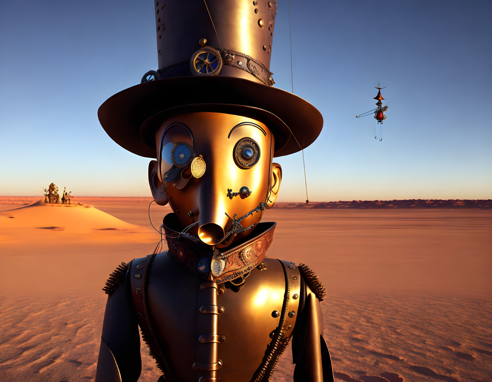 Steampunk robot with top hat and monocle in desert at sunset.