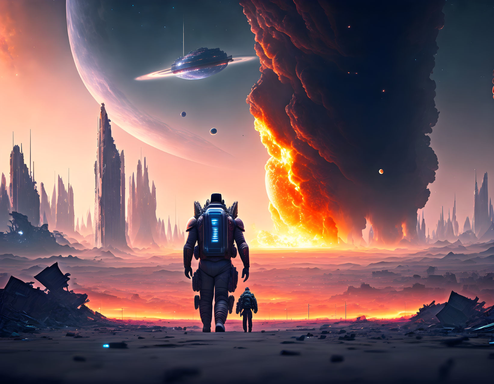 Astronaut and dog explore alien planet with UFOs, towering rocks, and fiery tornado.