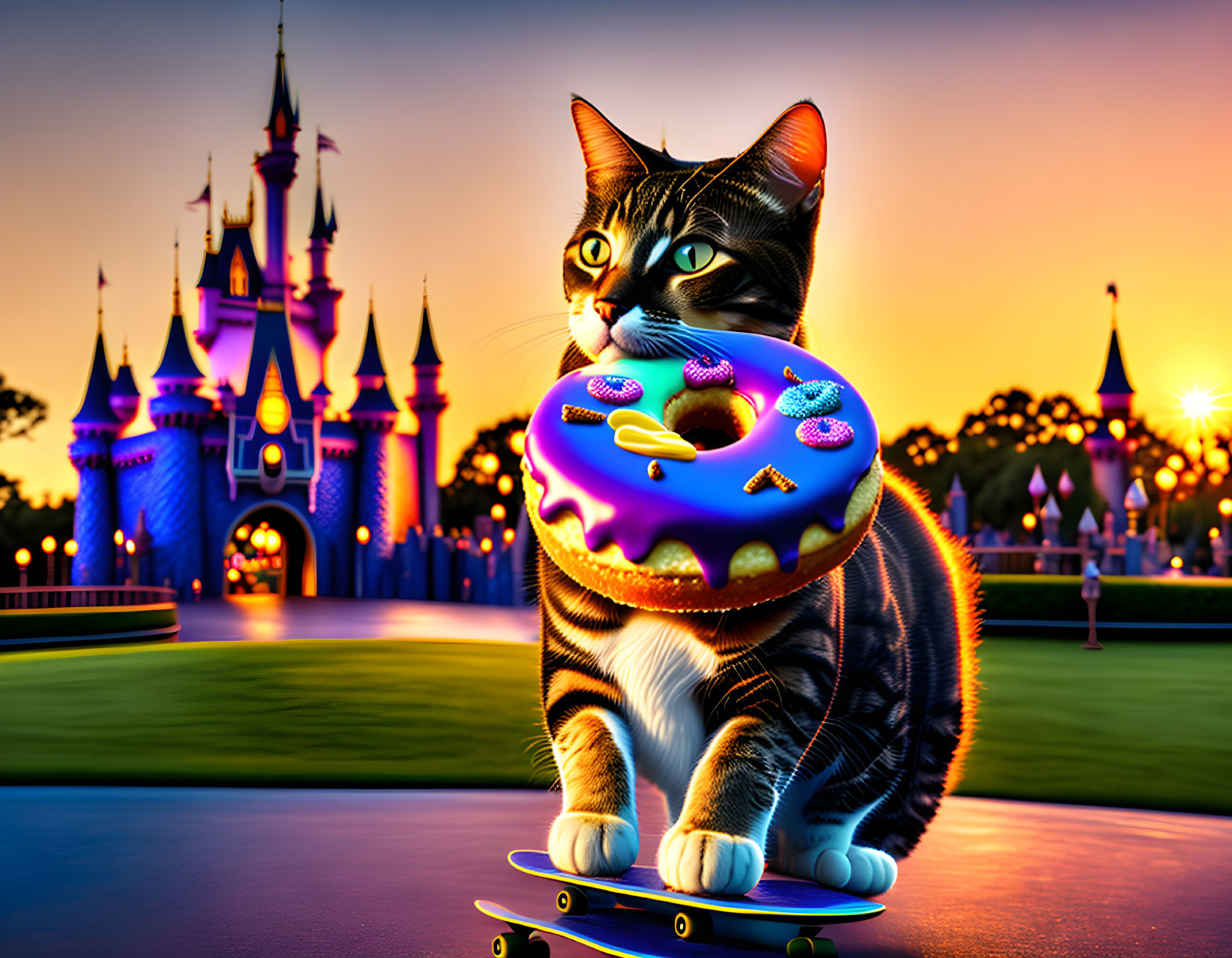 Tabby cat skateboarding with doughnut near whimsical castle at sunset