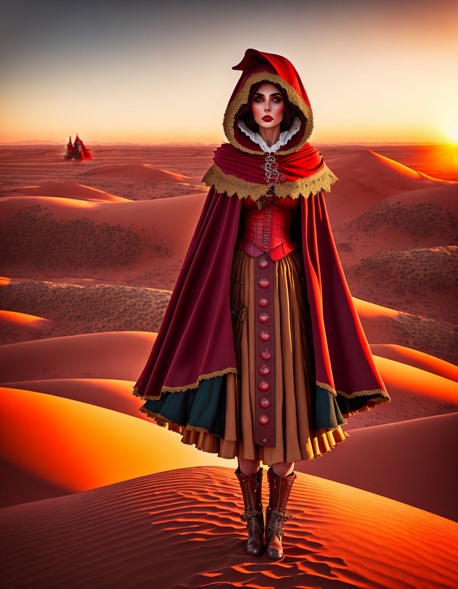 Stylized person in red hooded cape on desert dune with camel caravan at sunset