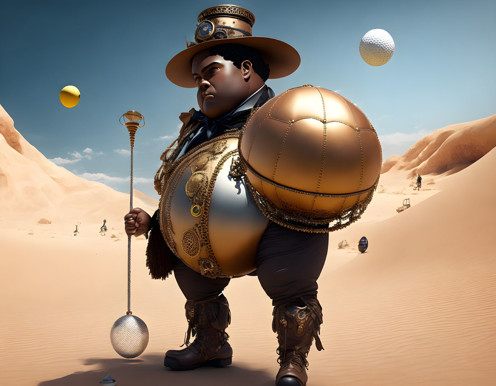 Golden sphere figure in top hat and coat with scepter in desert setting.