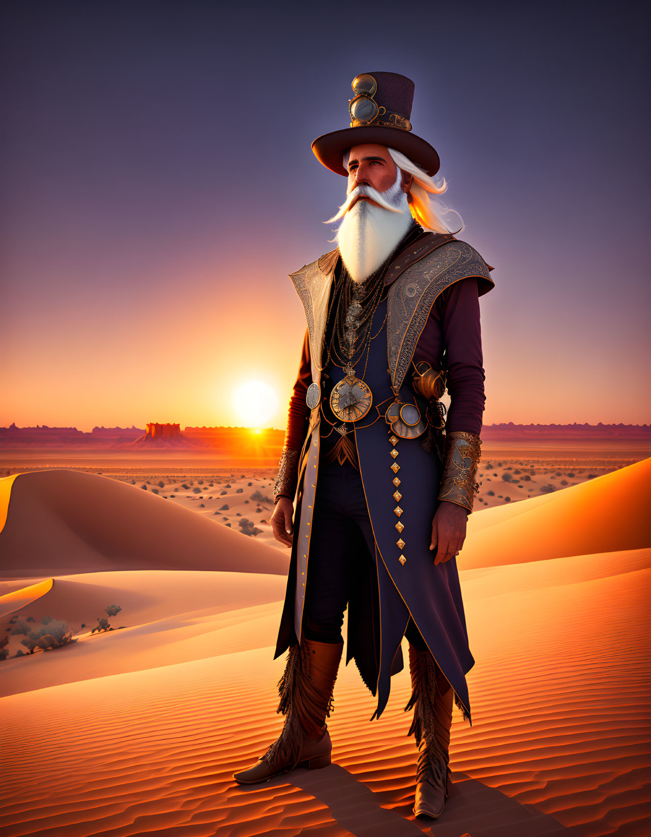 Fantasy character in elaborate attire on desert sand dune at sunset