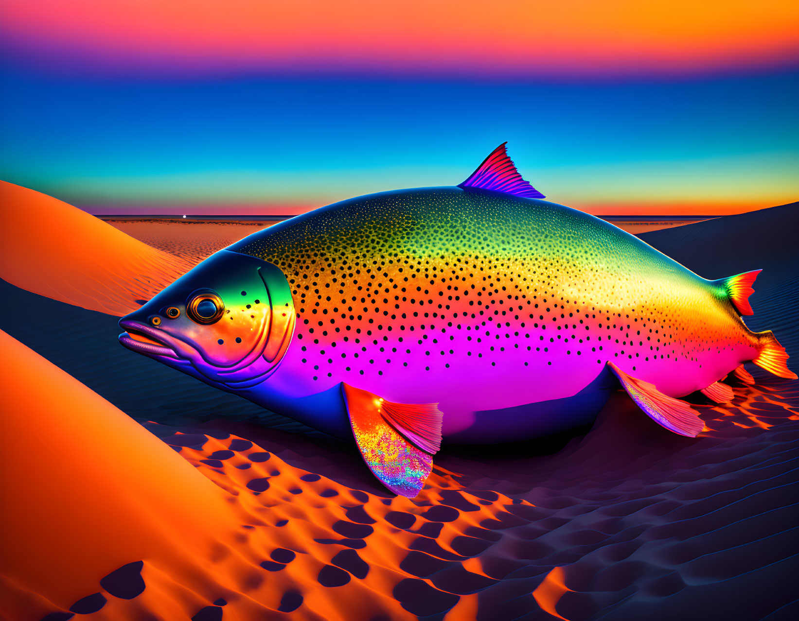 Colorful Oversized Fish in Surreal Desert Landscape