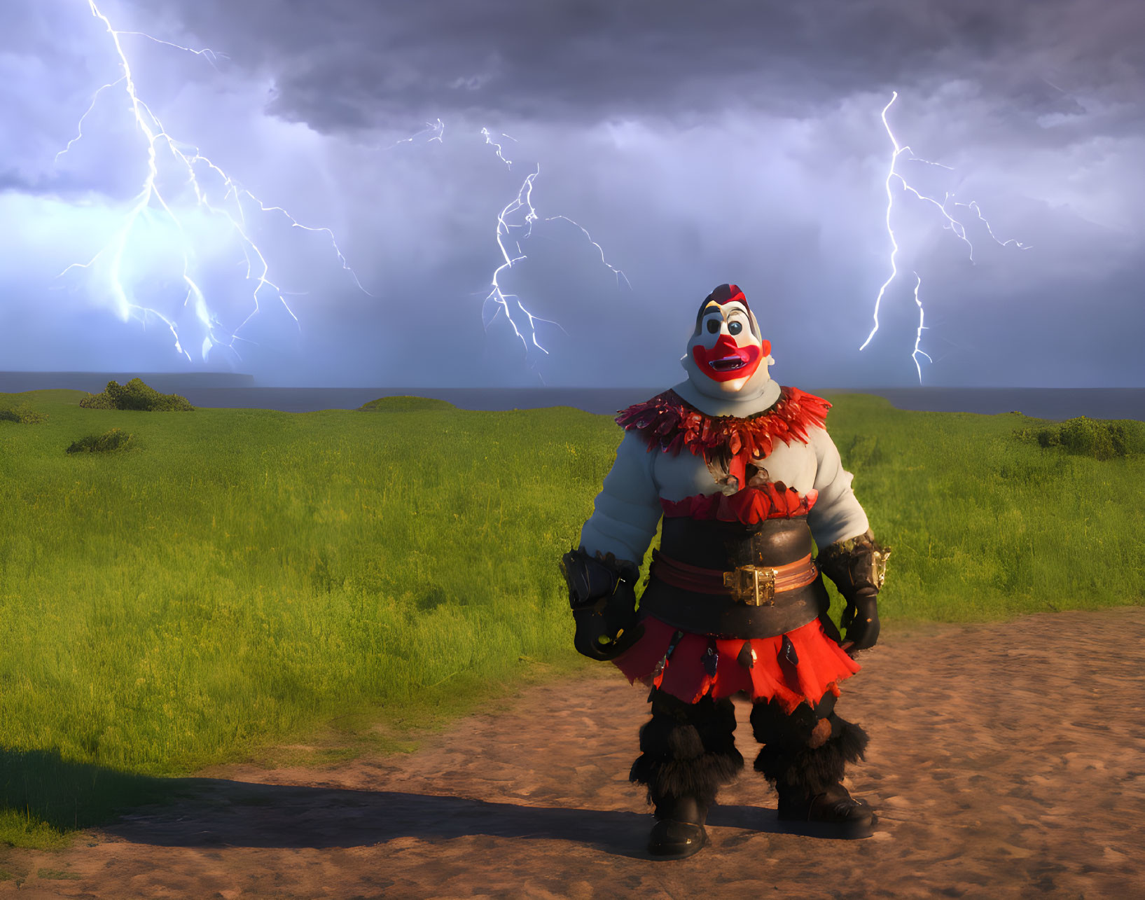 Menacing 3D-rendered clown on path under stormy sky