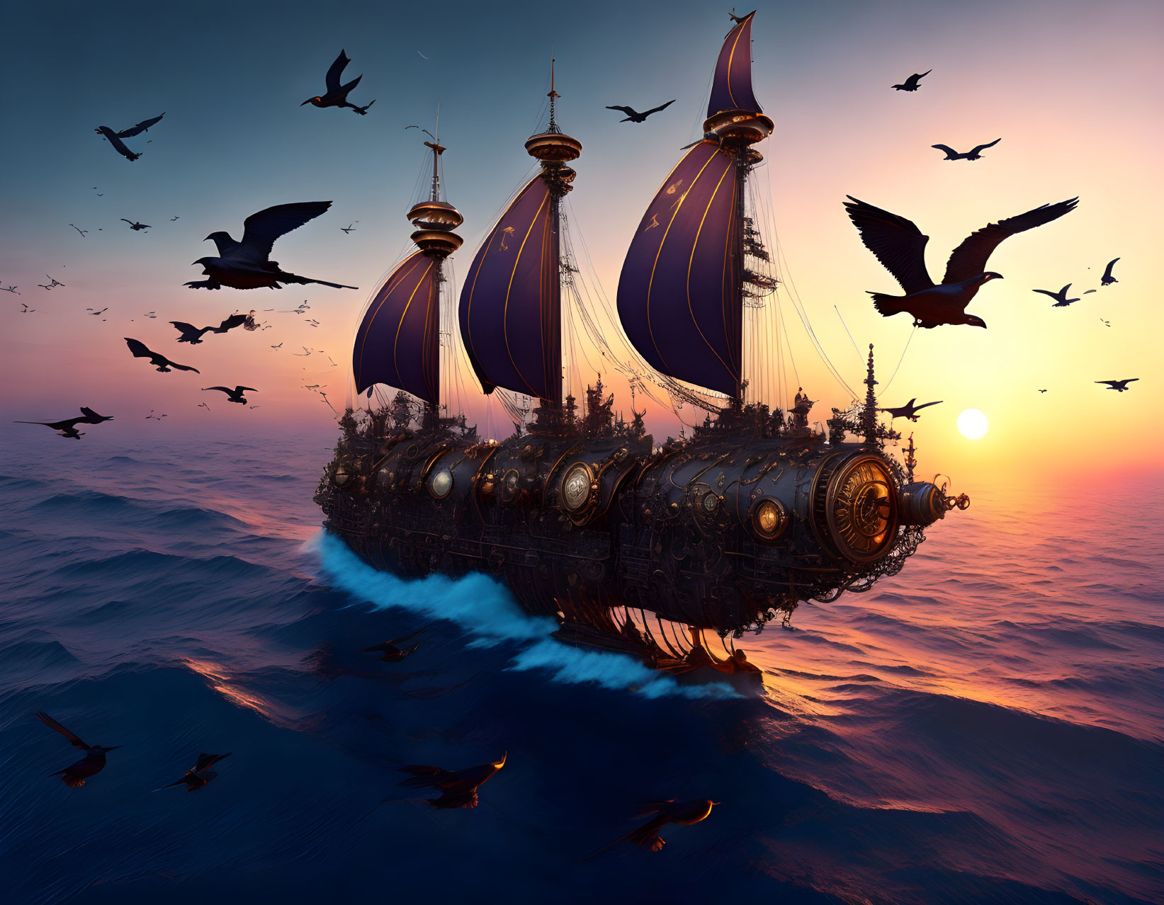 Fantastical floating ship with dark sails in sunset sky.