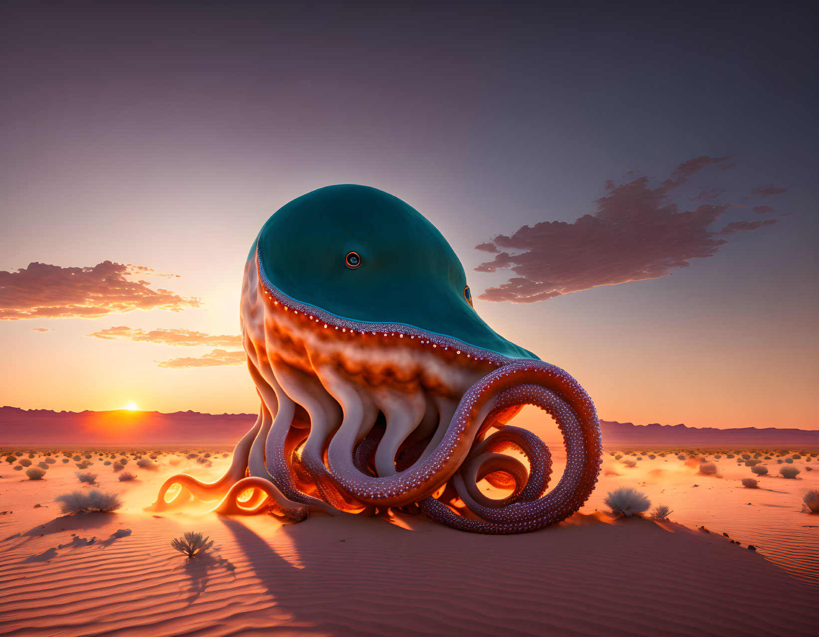 Teal and Orange Giant Octopus in Desert Sunset