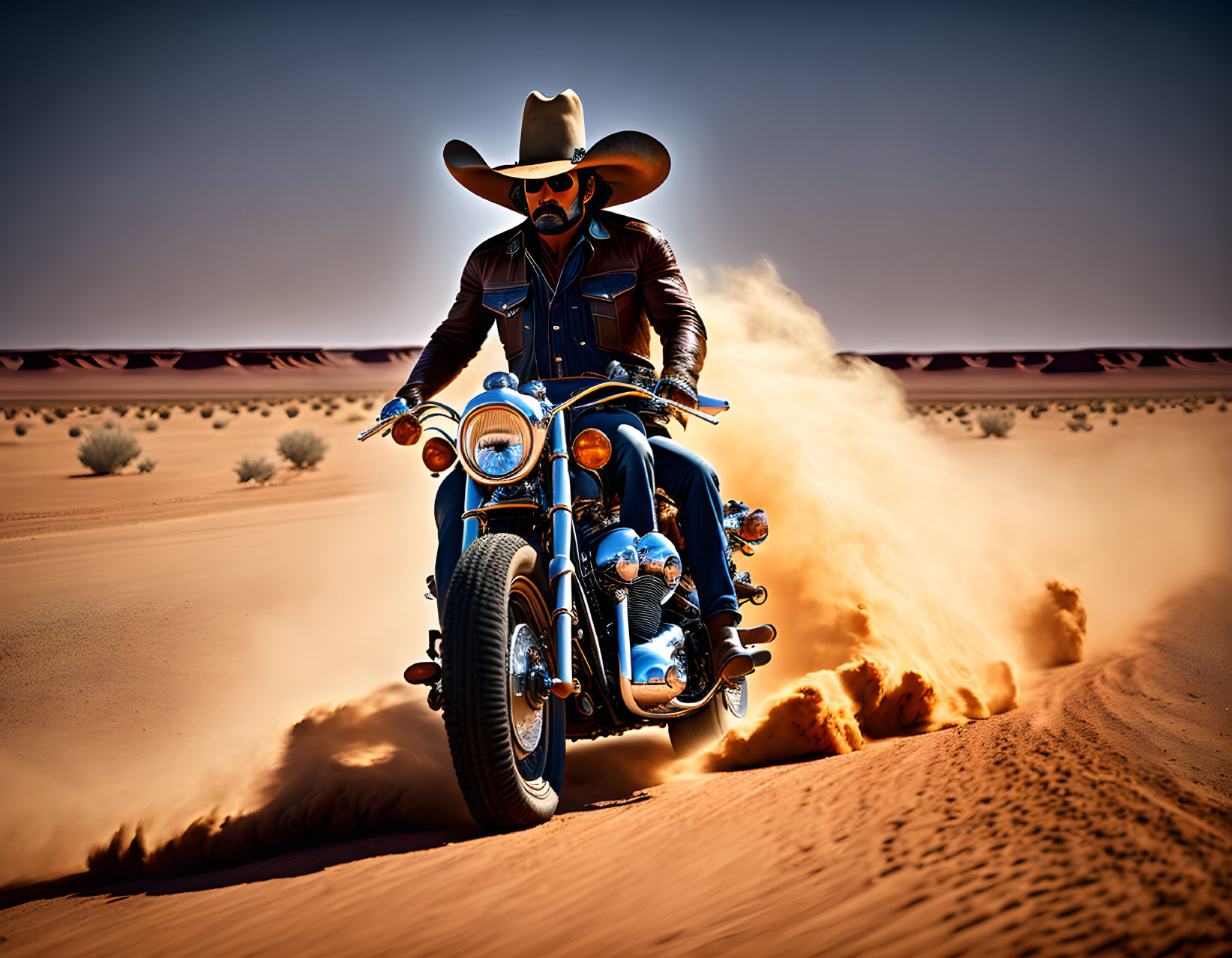 Cowboy hat rider on blue motorcycle in desert landscape