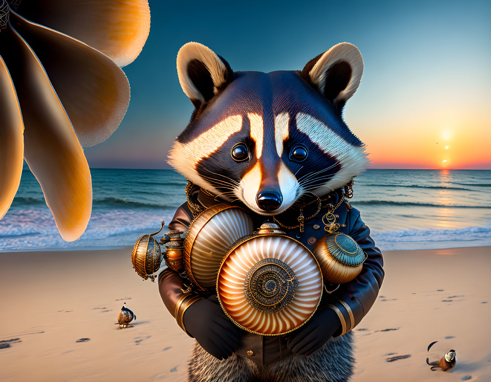 Steampunk raccoon with nautilus shell on sunset beach