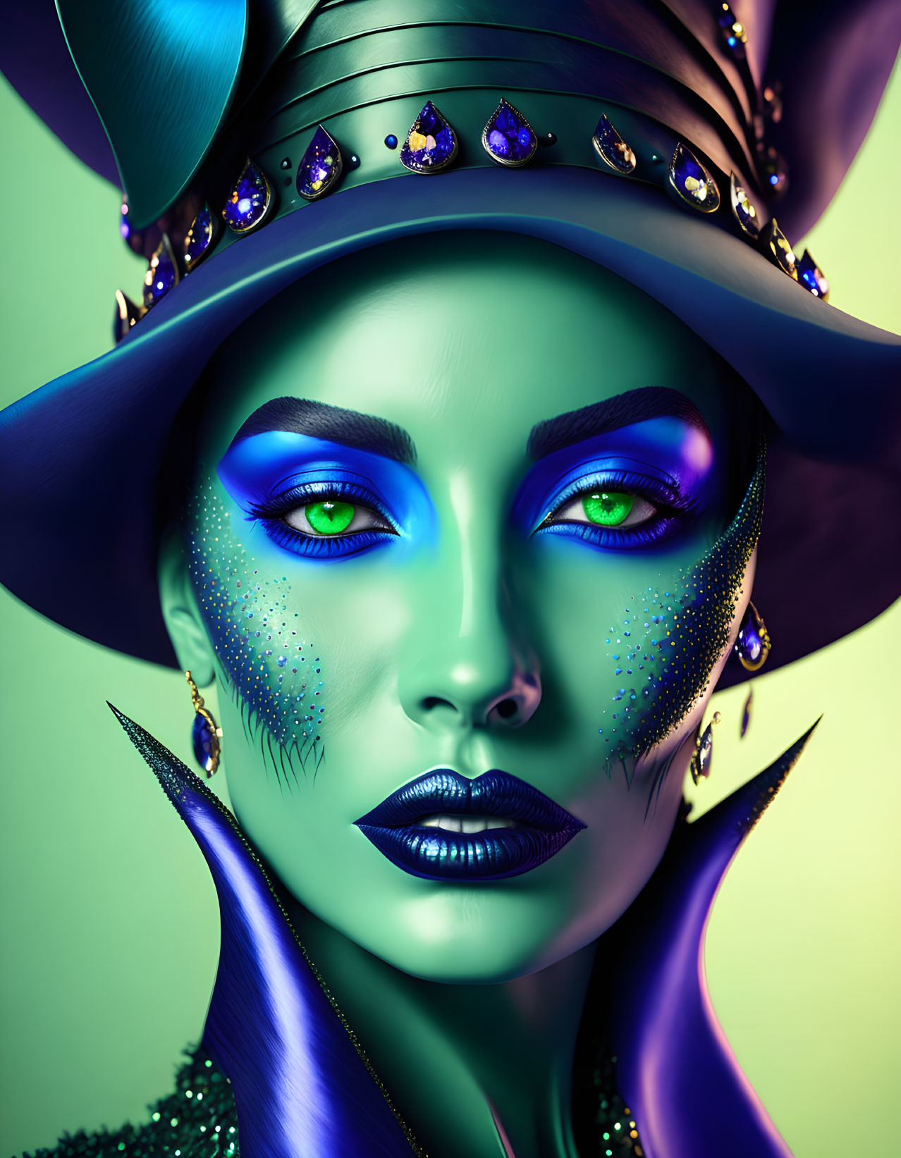 Vibrant blue skin portrait with striking makeup and gemstone hat on green background